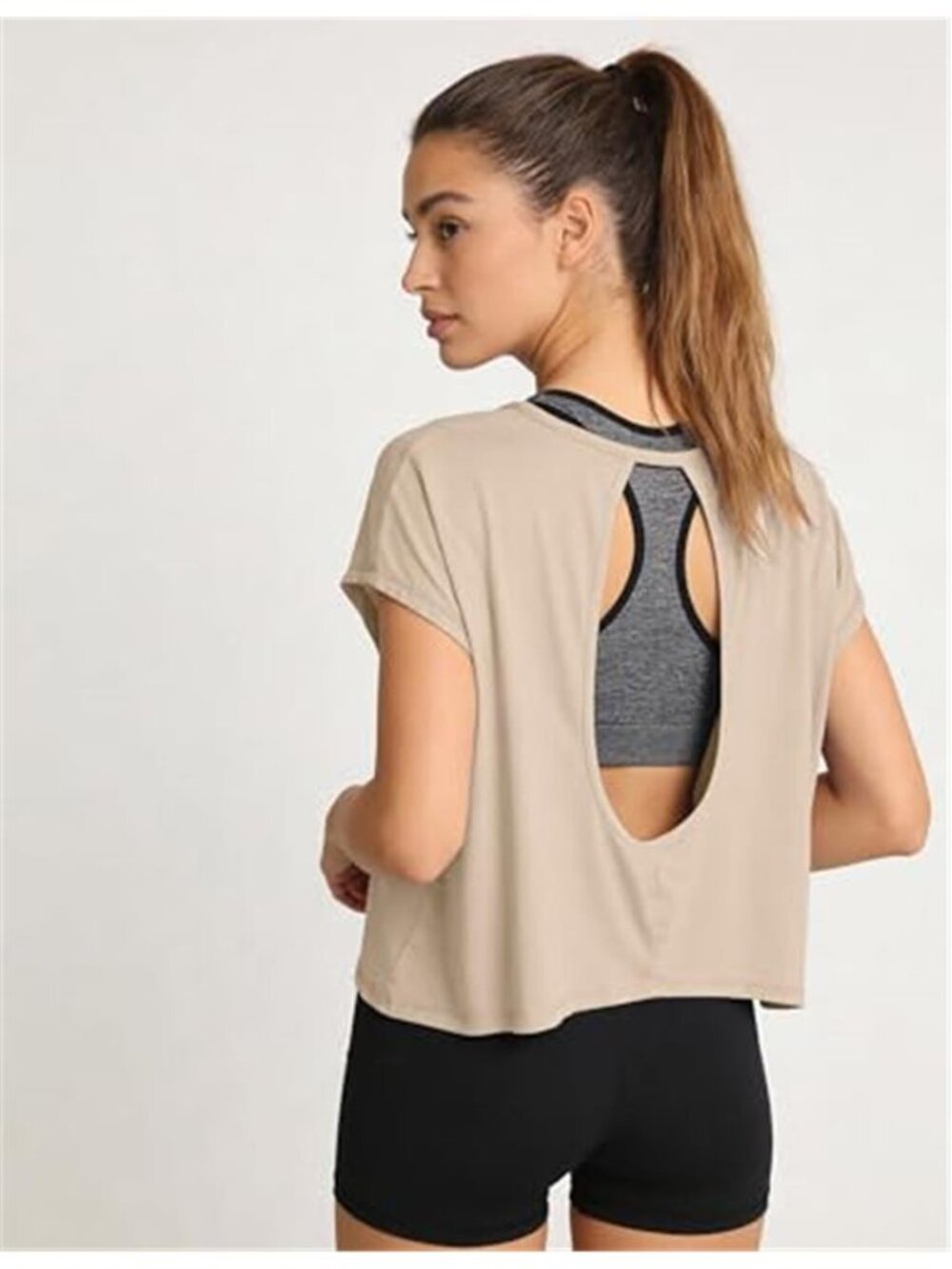Beige Open Back Cropped Workout Top Oversized Yoga Gym Tee - Picture 3 of 6